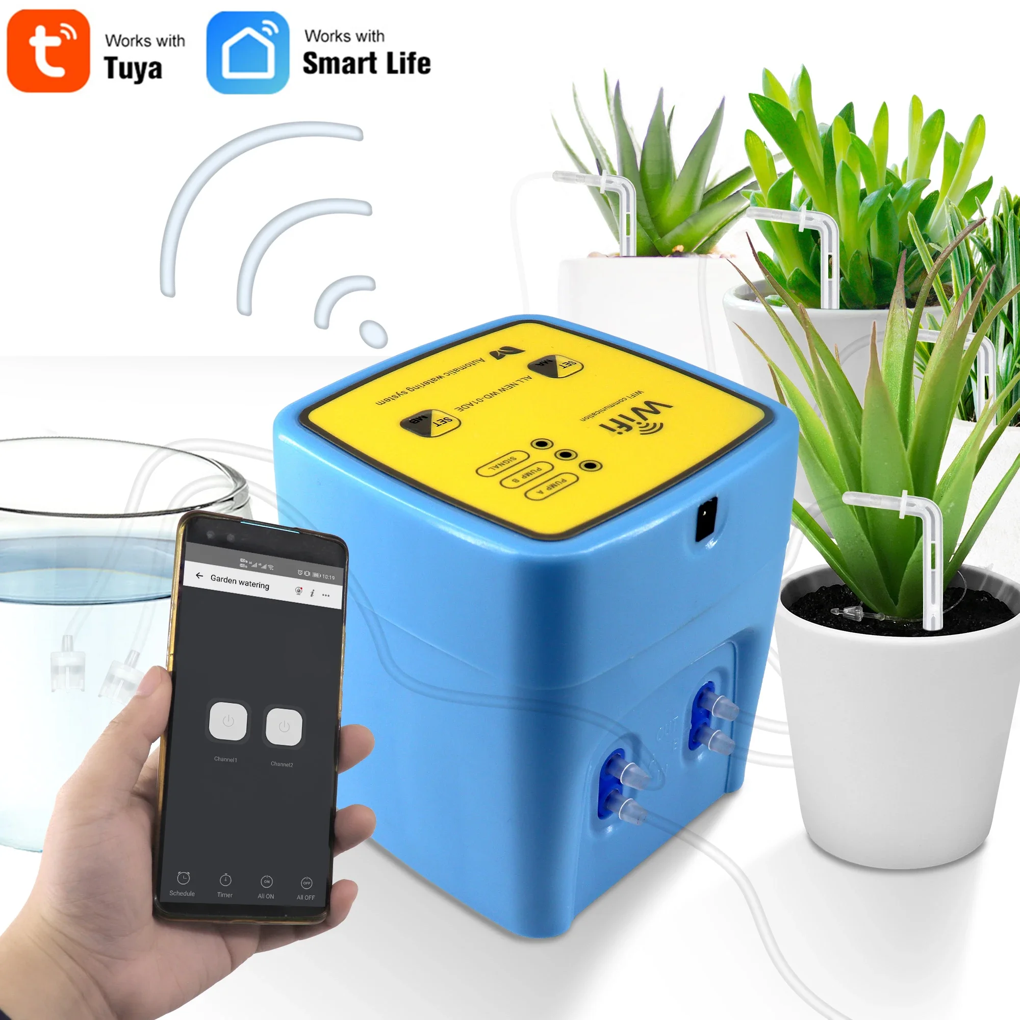 

‌Tuya Smart WiFi Watering System - Dual Pump Controlled, Mini Drip Irrigation Kit with Remote APP Control, Timer & Scheduling