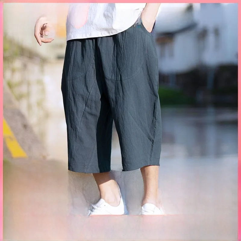 Summer Thin Cotton Linen Men's Loose Fit Seven-Foot Pants High Waist Straight Leg Non-Stretch Retro Japanese Style Casual Shorts