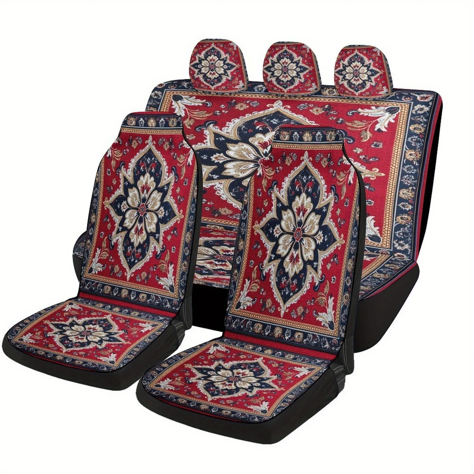 Bohemian Flowers Pattern Art Designed Car Seat Cover Set For Most Cars, High-quality Comfortable Car Seat Protector Covers Full