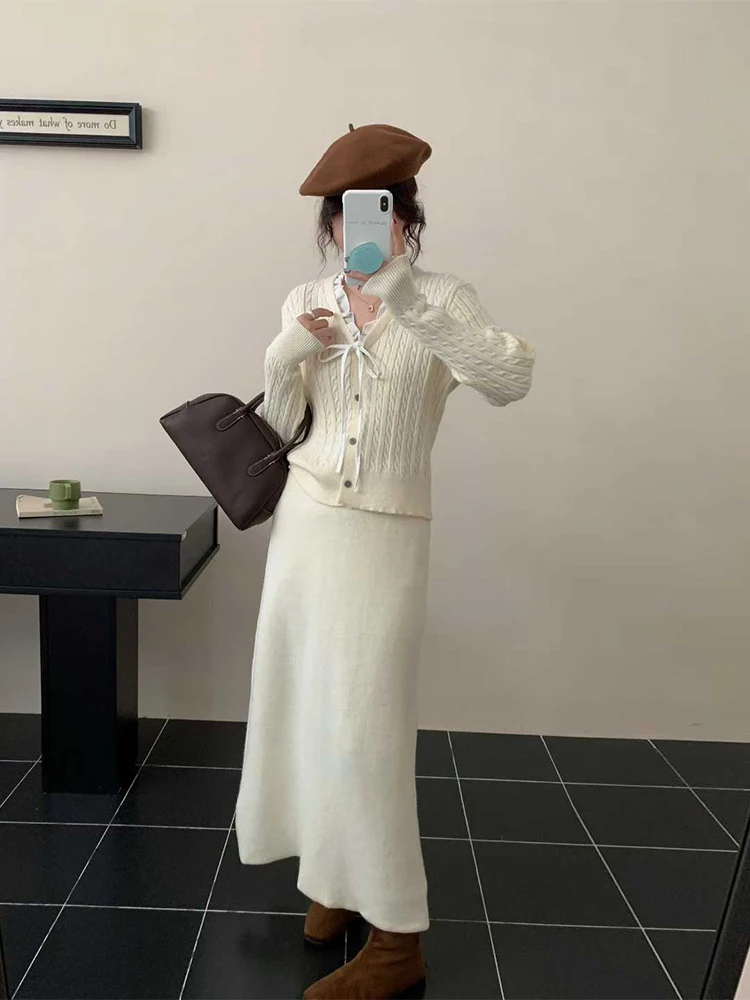 

Шикарный осенне-зимний вязаный длинный свитер свека с высокой талией и юбкой для женщин, комплект с узлом для поездок на работу