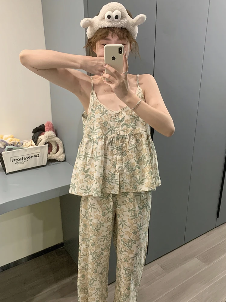 Women\'s V-neck Suspenders Pajamas Suit Summer Floral Korean Sexy Vest With Chest Pad Loose Pants Two-Piece Home Nightgown Sets