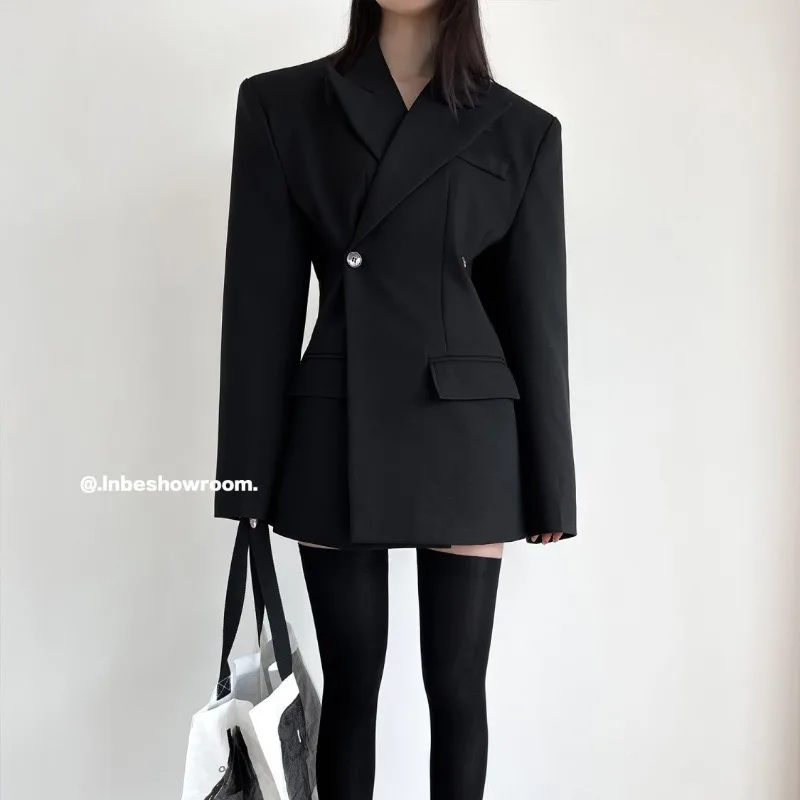 Women's Spring Autumn Blsack Blazers Jacket Blouse Suit Waisted Mid-length Button Trend Premium Design Leisure Simple Brand New