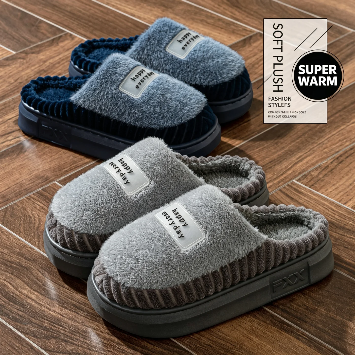Winterwarme Hausschuhe für Damen und Herren, dicke Plüsch-Plateauschuhe aus EVA, leise, rutschfest, für drinnen und draußen, gemütliche Schlafzimmer-Pantoletten – Detail 18