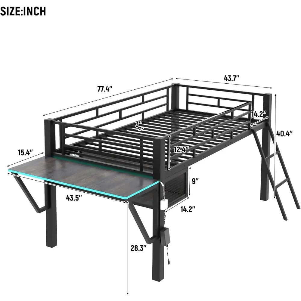 Twin Size Gaming Loft Bed with Desk, LED and Staircase, Metal Loft Bed Frame with Vented Mesh Undercarriage Storage, Black