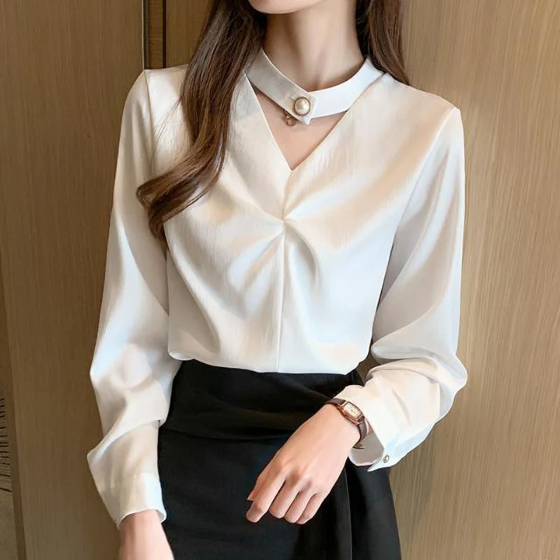 Elegant V-Neck Solid Color Beading Satin Blouses 2023 Spring Summer New Long Sleeve Casual TopsLoose Office Lady Shirts