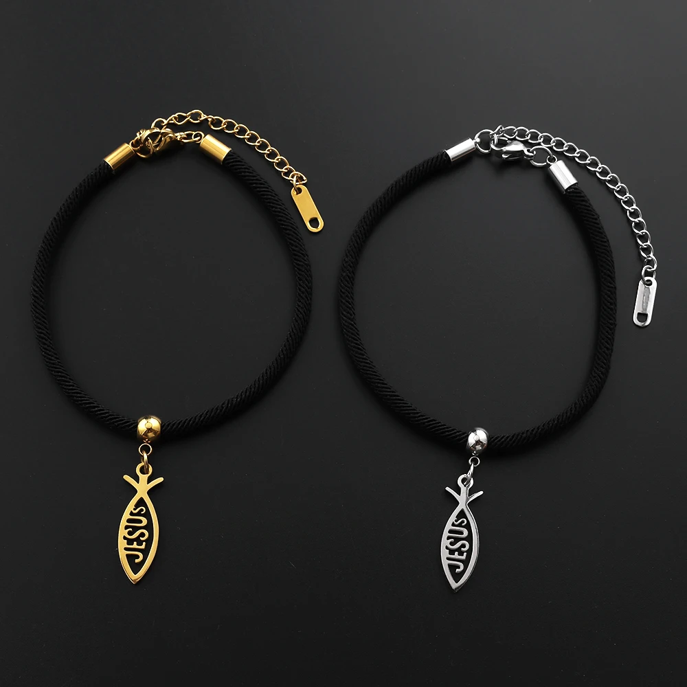 Stainless Steel Jesus Fish Ichthys Pendant Bracelet Black Rope Christian Faith Religious Bracelets Jewelry Gift for Men Women