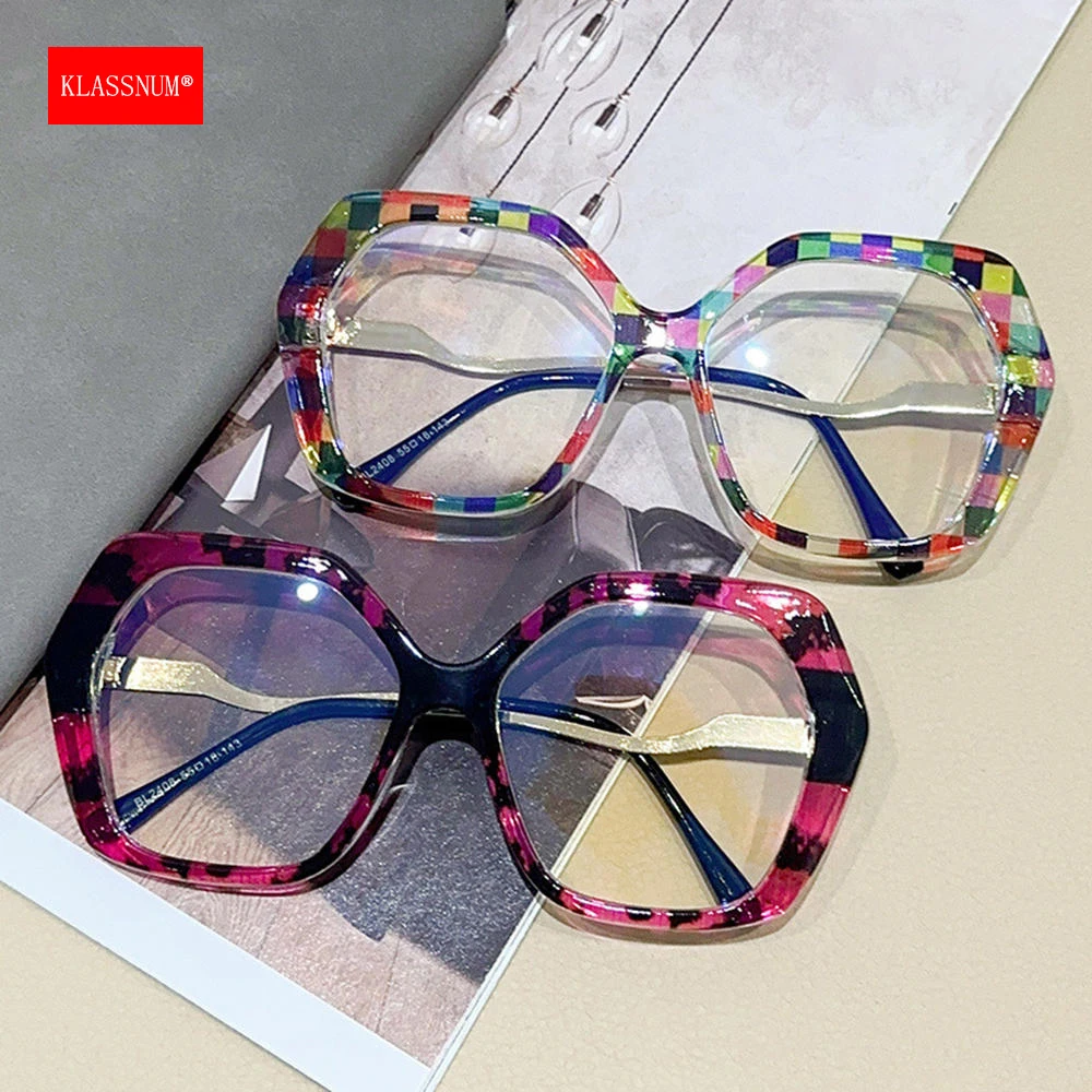 KLASSNUM Women Colorblock Polygon Glasses Frame 2024 New Trend Transparent Eyepiece Frame Print Anti Blue Light Computer Glasses