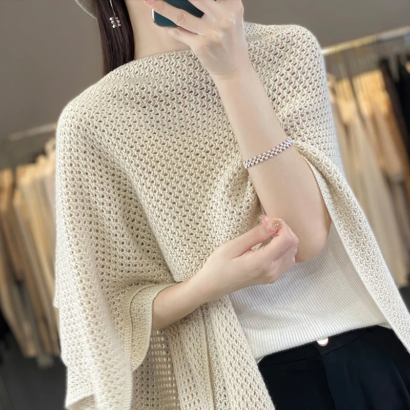 

100% Wool Shawl Women's Knitted Lace up Cardigan Paired With a Spring Autumn Dual-use Cloak Scarf and Air Conditioning Shirt