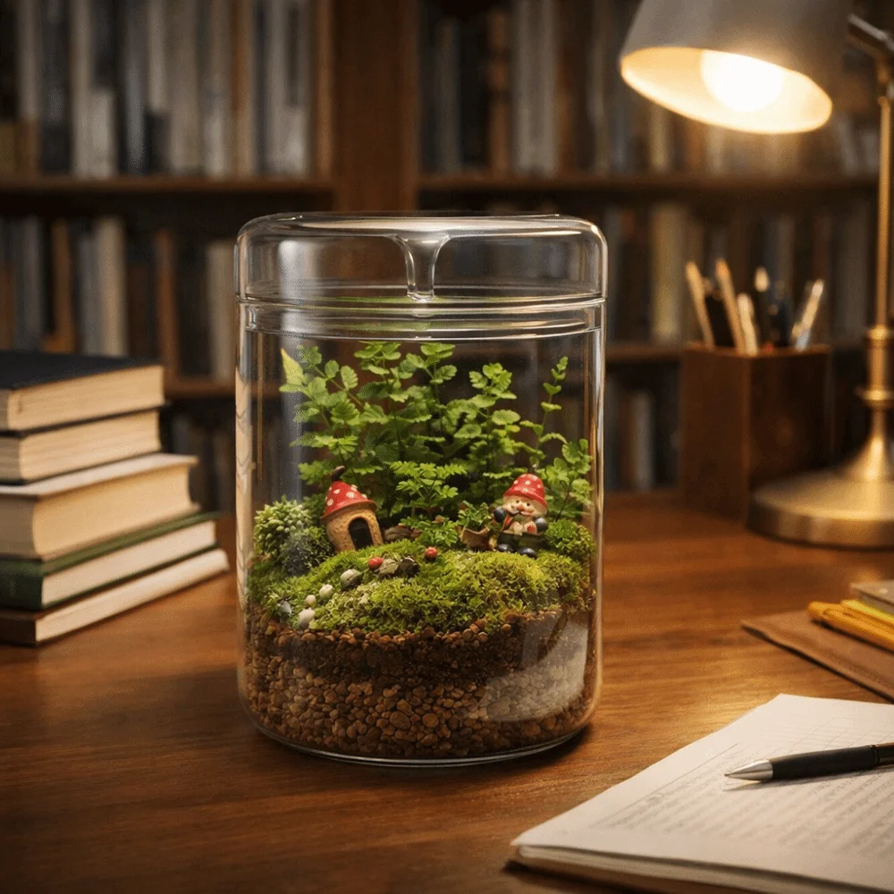 Transparent Glass Terrarium Cylinder Decorative Micro Landscape Perforated Cover Succulent Moss Viewing Bottle Bonsai Display