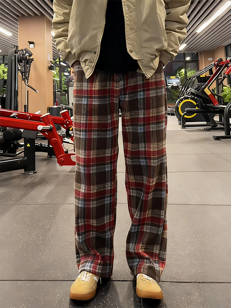 American Retro Plaid Woolen Trousers Men's Winter Thiened Fce Wide Leg Straight Cut Pants Drapey Casual Straight Pants