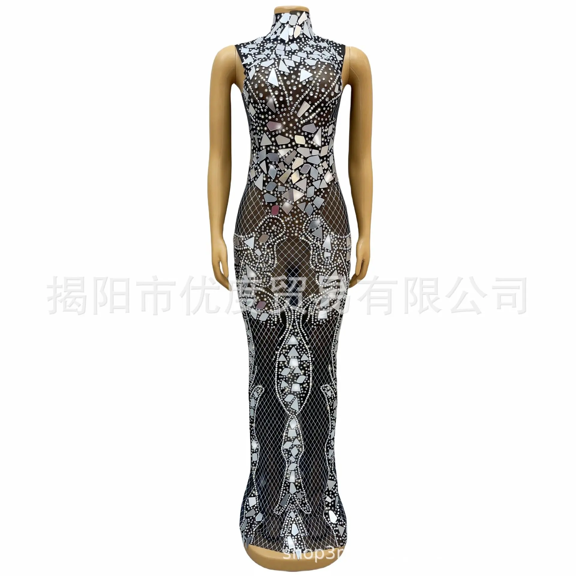 Irregular Lenses Turtleneck Sleeveless Trailing Glam Sparkling Mesh Rhinestone Birthday Night Long Dress Mesh Vestidos De Fiesta