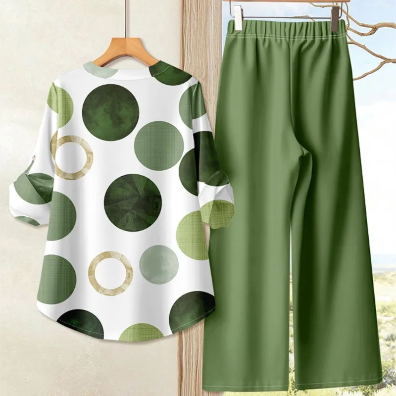 2025 Autumn Casual Women's Suit Fashionable Printed Long-sleeved Loose Top Paired With Solid Color Wide-leg Pants Two-piece Set