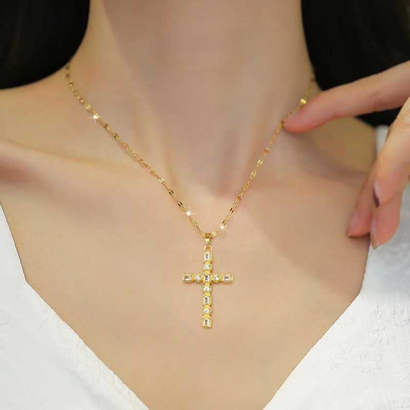 LUCKY99 Full Zircon Cross Vintage Titanium Steel Pendant Necklaces Women Luxury Temperament Clavicle Chain Classic Jewelry