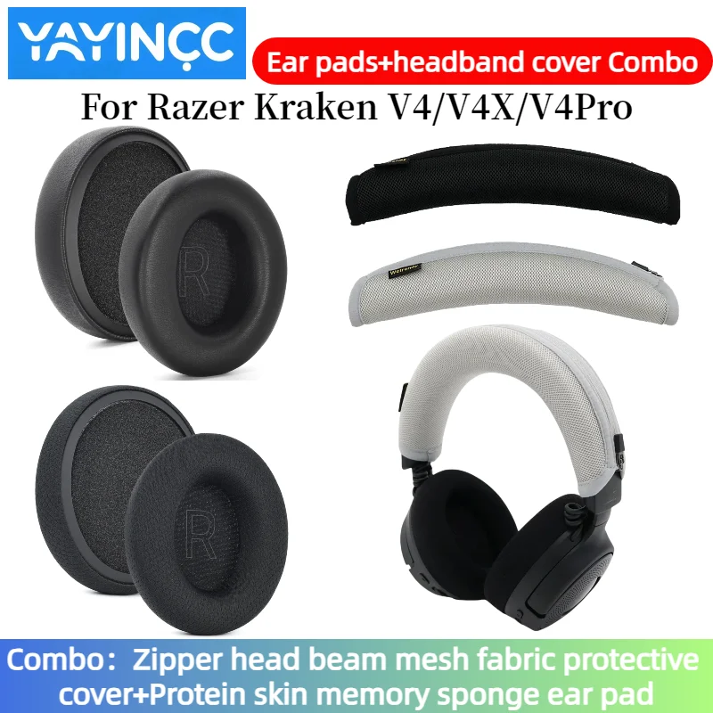 

YAYINCC Replacement Mesh/Protein skin Ear pads+Zipper headband cover Combo For Razer Kraken V4/V4X/V4Pro/Kitty V2 Pro Headphones