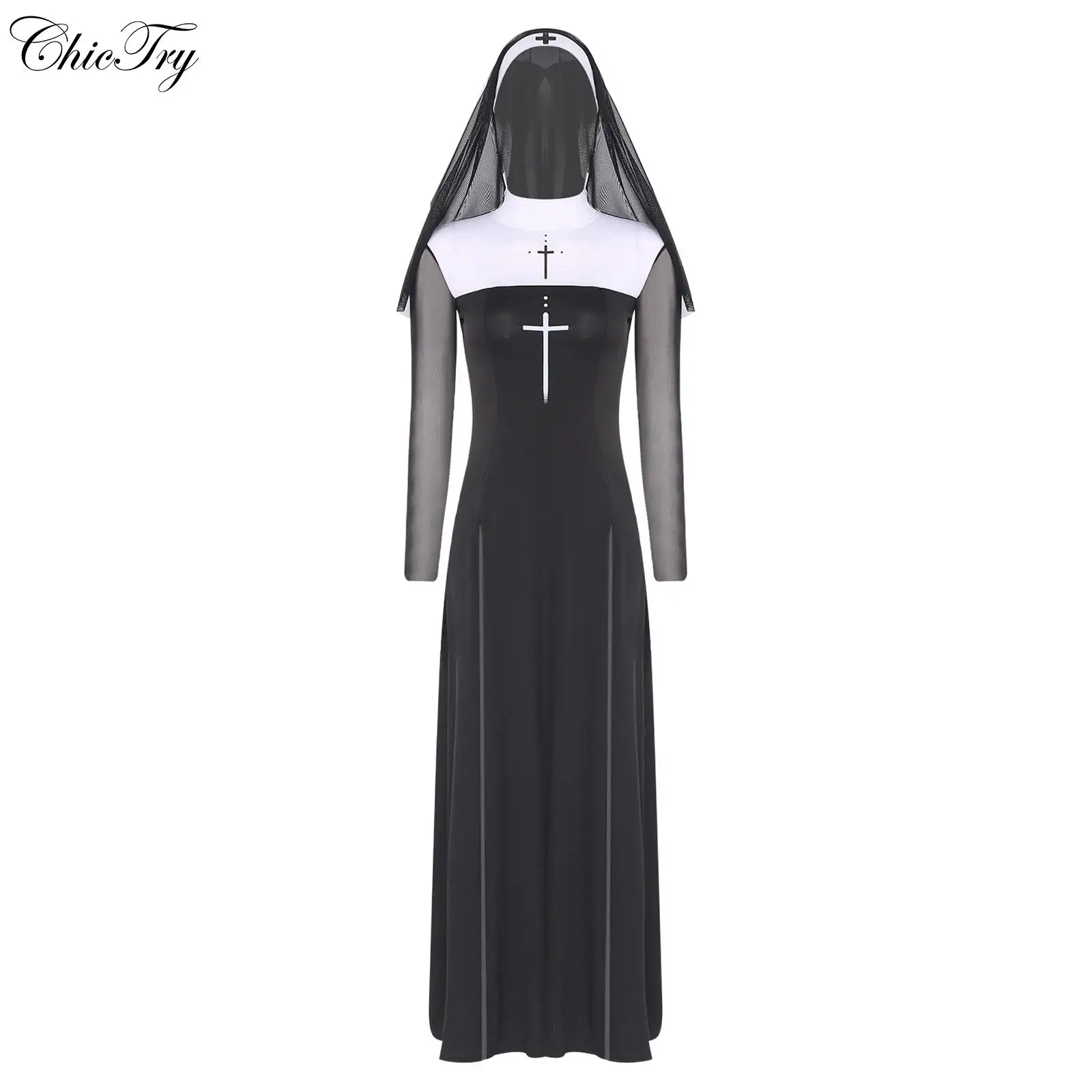 

Женское вечернее платье монахини для косплея и вуаль с перекрестным принтом, сетчатое платье макси с длинными рукавами и разрезом по подолу, наряд Wimple Church Clergy Sister