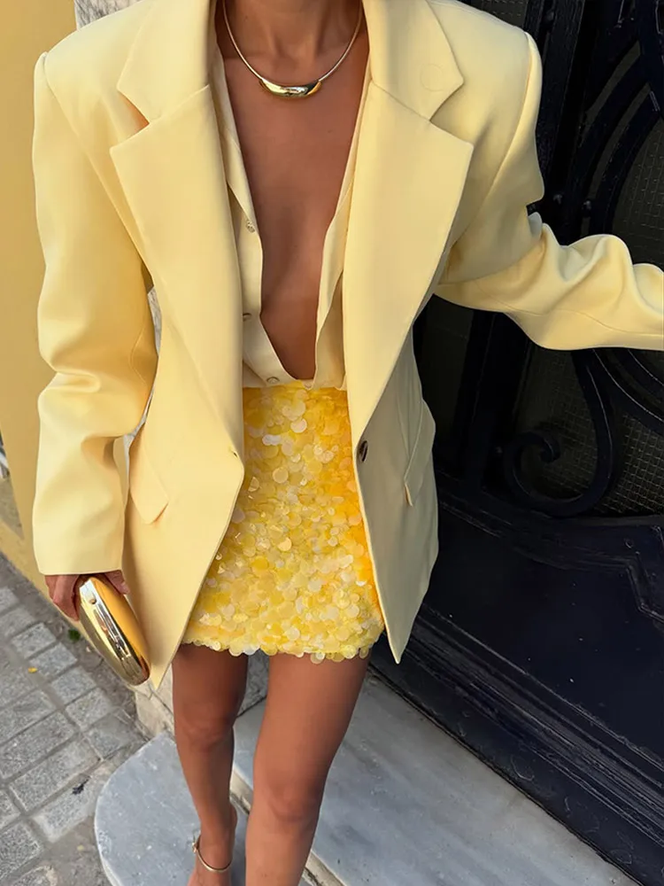 

Elegant Yellow Blazer Women One Button Lapel Chic Coat Long Sleeve Autumn Wear Female Commute Outwear Oversized Jacket 2025