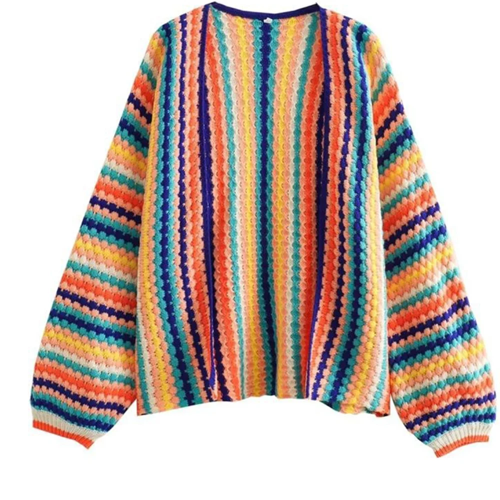 Women Colorful Striped Knitted Cardigan Sweater Vintage Crochet Rainbow Color Long Sleeve Coats Female Loose Streetwear Tops