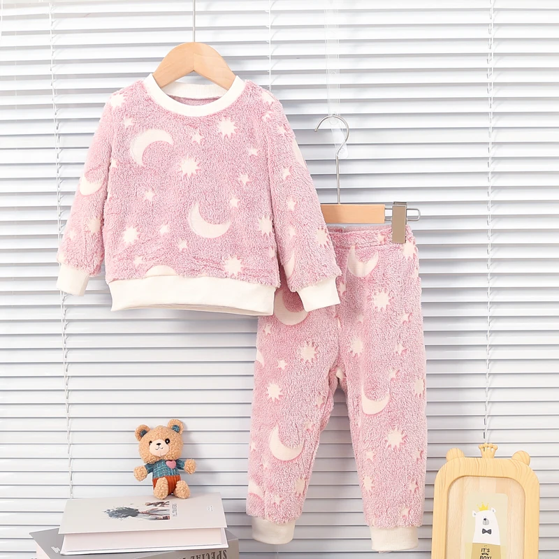 Baby Girl Autumn/Winter Plush Night Fluorescent Home Fur Baby Warm Pajama Set Fashionable and Comfortable Child Accessories