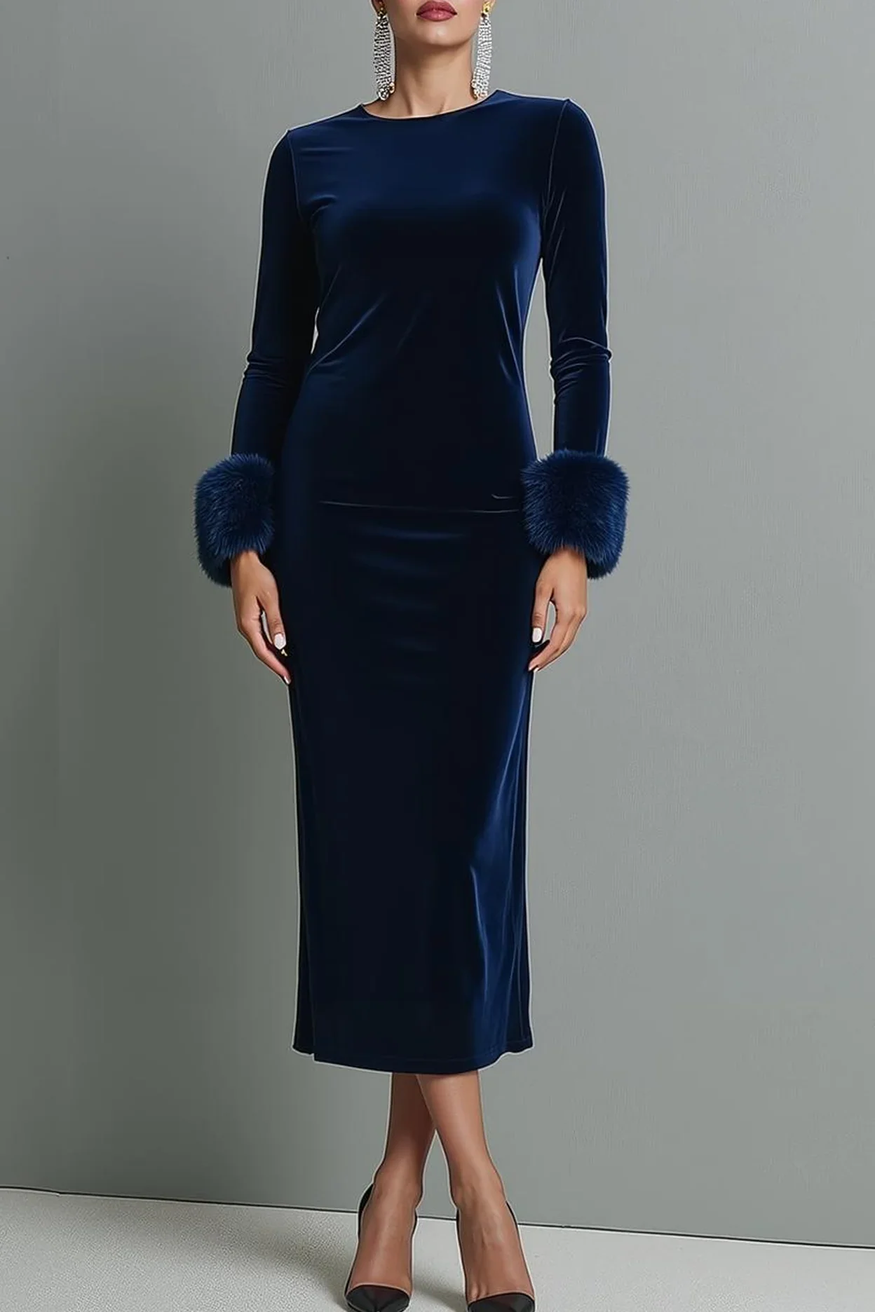 Customized O-neck Tea Length Full Sleeves Straight Blue Dresses for Women Party Evening Gowns Abiti Da Sera Vestido De Noiva 드레스
