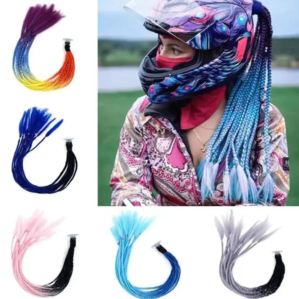 

Motorcycle Helmet Braid Synthetic Wig, 24-Inch Ponytail Braid Decoration Strap Suction Cup, Unisex Gradient Braid Hair