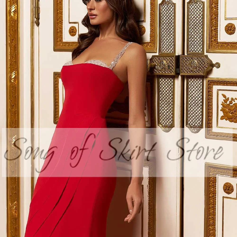 Customized Simple Red Evening Dress Sequin Jersey Patchwork Spaghetti Strap Sweetheartt Women's Sexy Pleats Court Train Party Go