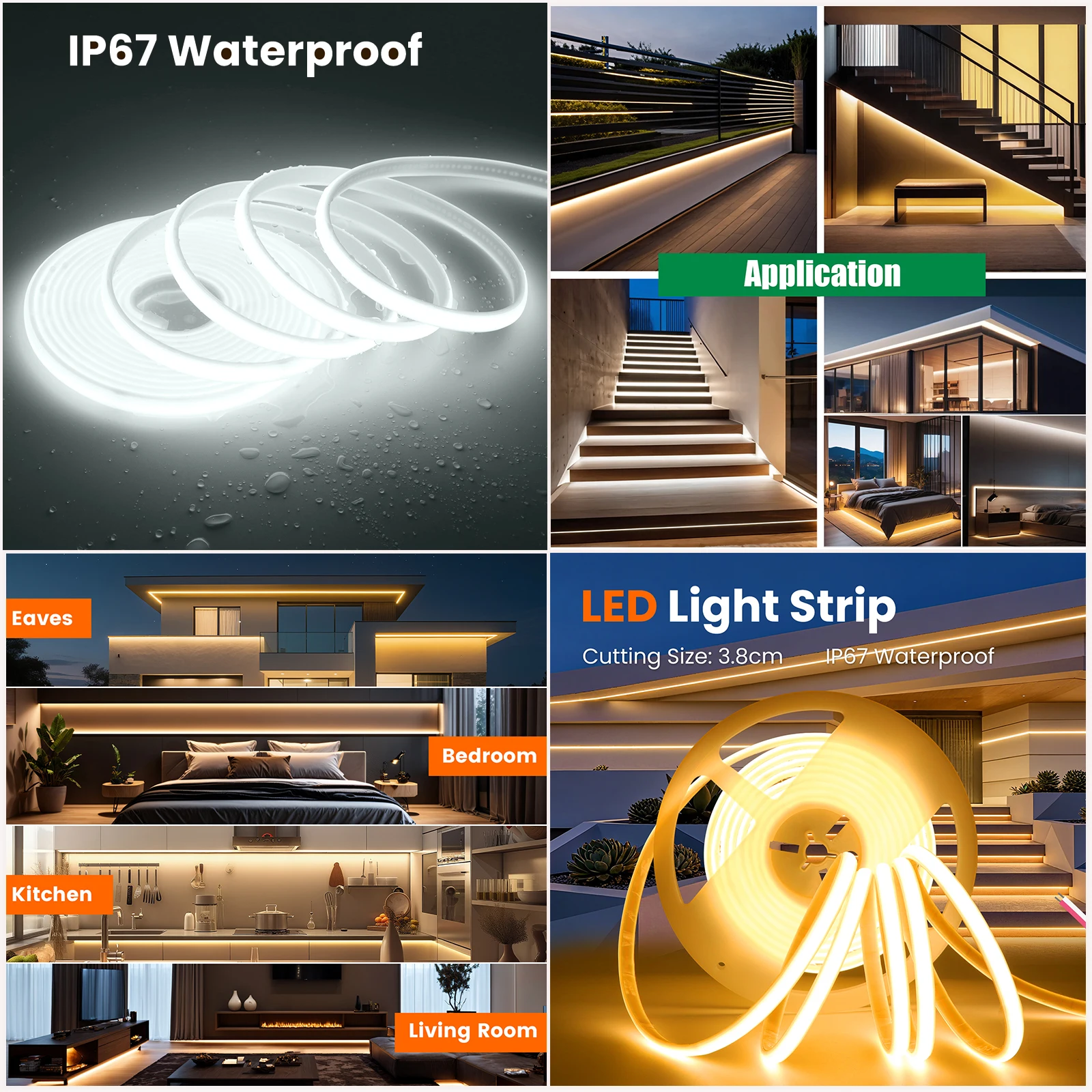 DC12V 24V COB Strip With 2PIN /DC Cable IP67 Waterproof Outdoor Home Decor Flexible Ribbon Rope LED Neon Light 3000K 4000K 6000K