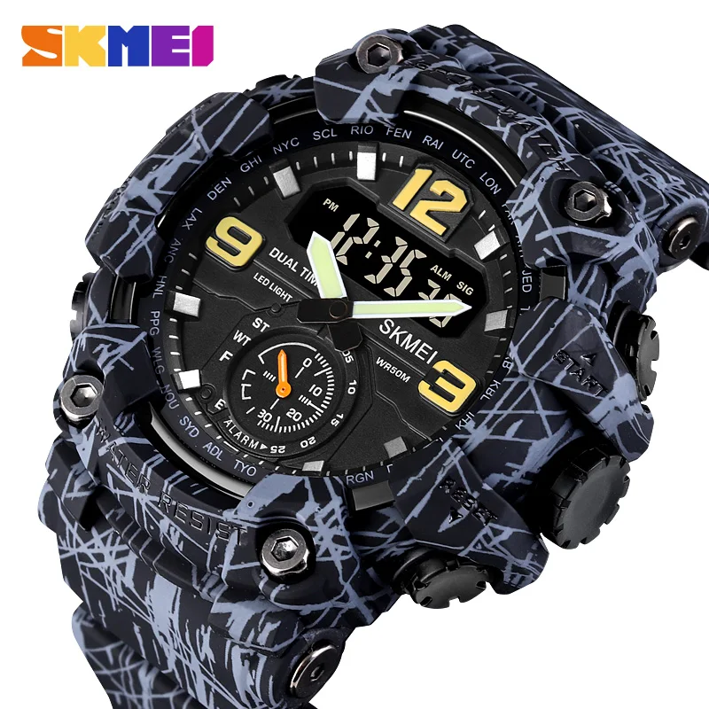 SKMEI Shockproof Digital Men Watch Dual Movement 3 Time Sport Wristwatch Mens Waterproof Electronic Watches Montre Homme 1637