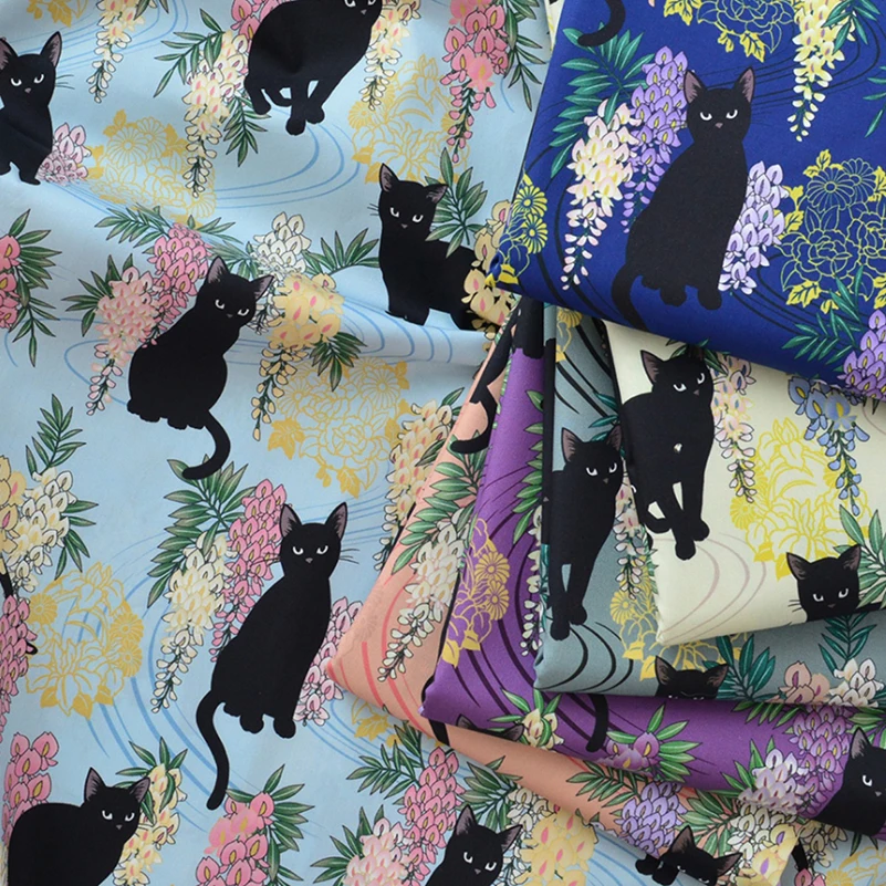 Stretch Poplin Cotton Fabric 50S Black Cat Printed for Sewing Clothes DIY Handmade by Half Meter