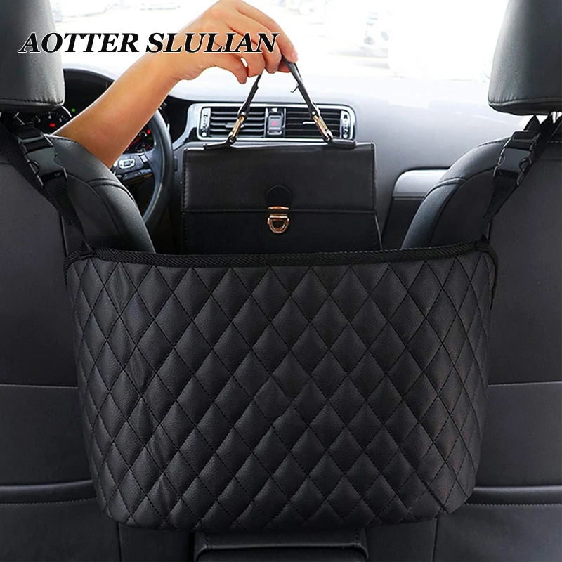 Car Net Pocket Handbag Holder PU Leather Auto Interior Backseat Organizer For Purse Handbag Phone Documents Storage Netting Bag