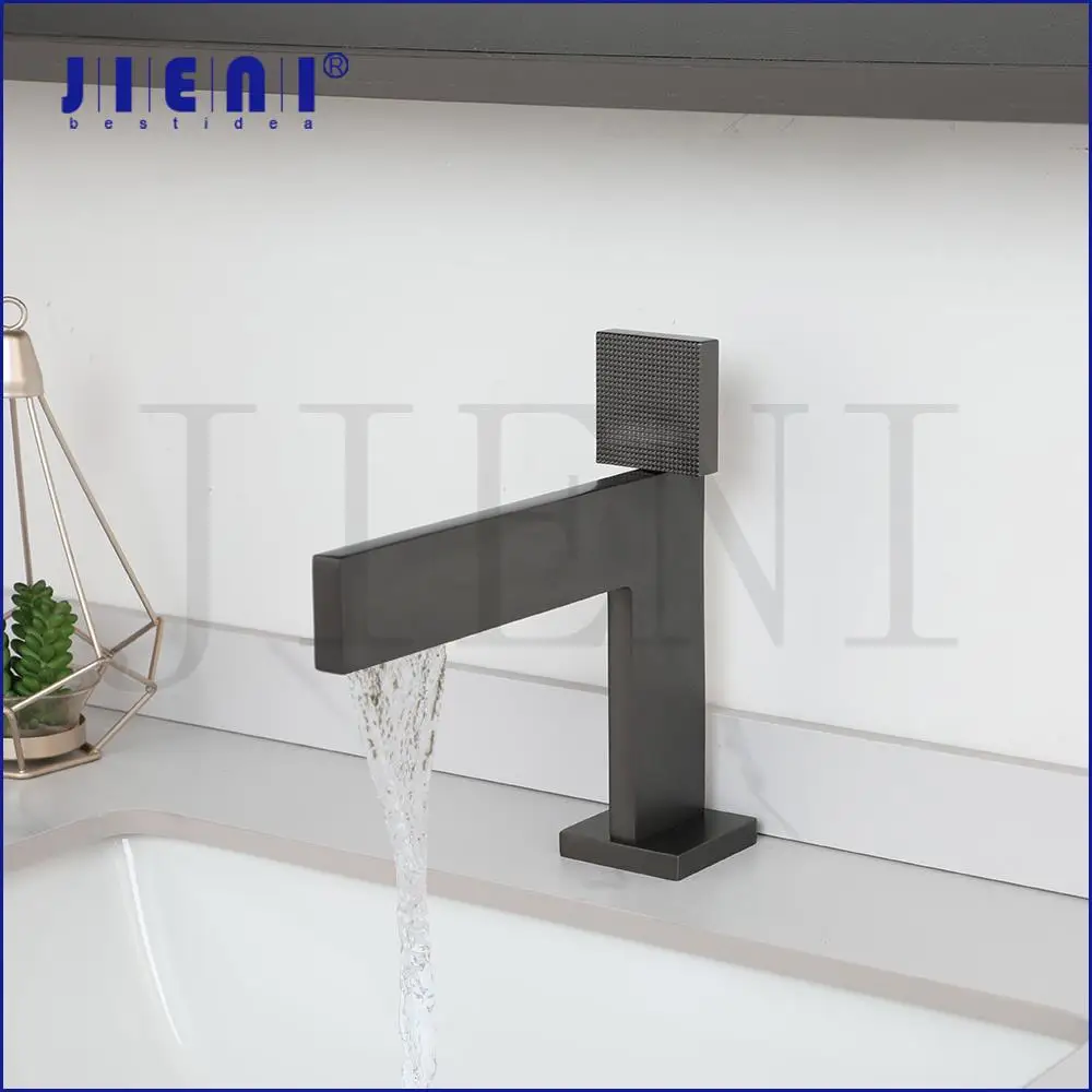 

JIENI Bathroom Basin Faucet Deck Mounted Brushed Gun Grey Waterfall Fashion Personality Hot & Cold Water Single Handle Mixer Tap