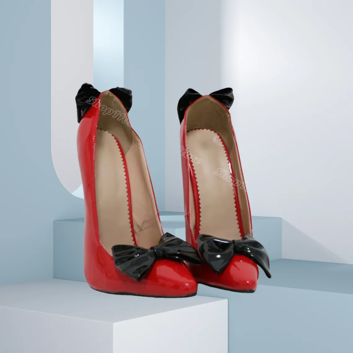 빨간 리본 장식 슬립온 펌프스 뾰족한 앞코 스틸레토 스윗 스타일 신상 패션 파티 웨딩 드레스 여성 신발 여성용 신발