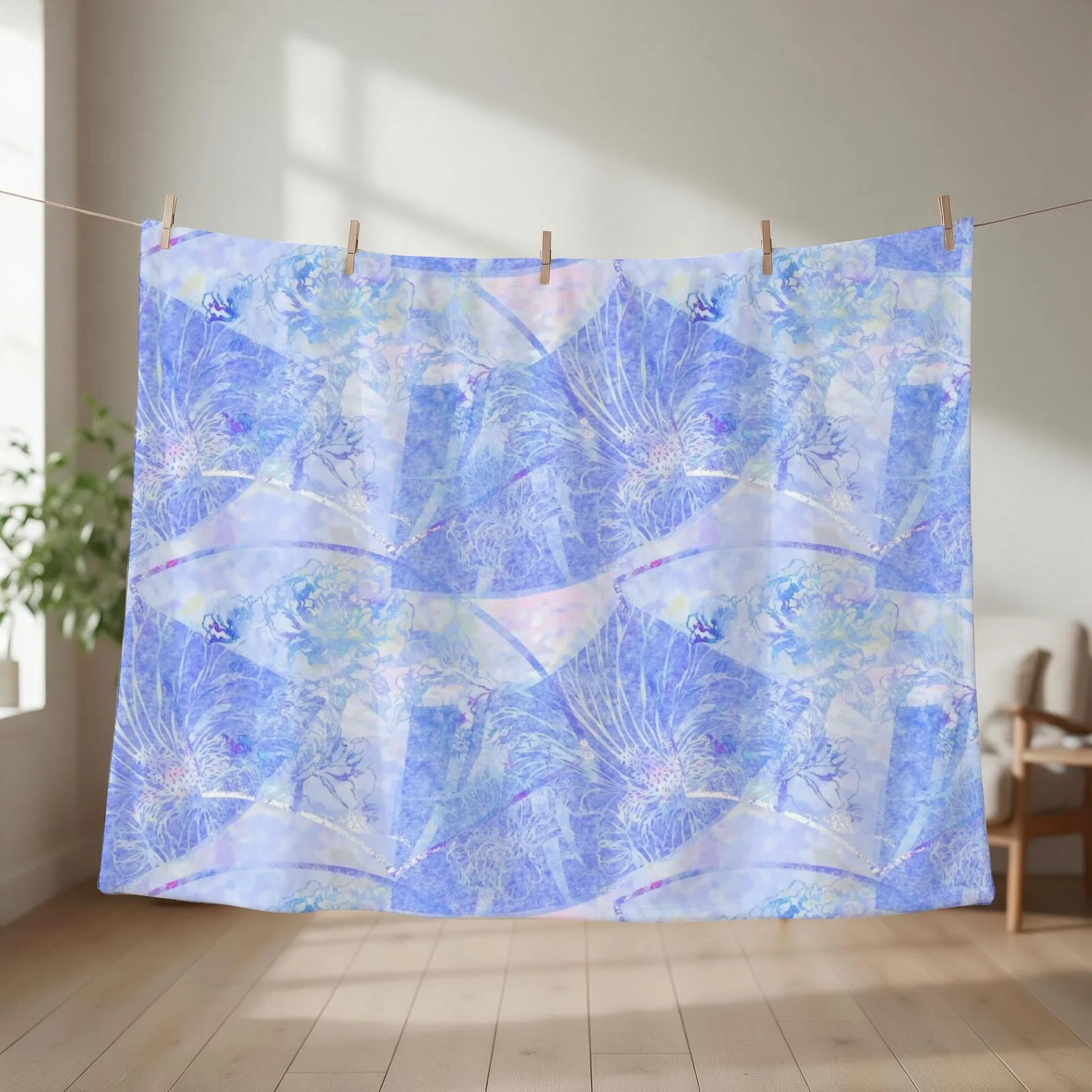 Peony Fans in pale blues and pinks RB Throw Blanket couch cozy soft plush fuzzy picnic outdoor blanket
