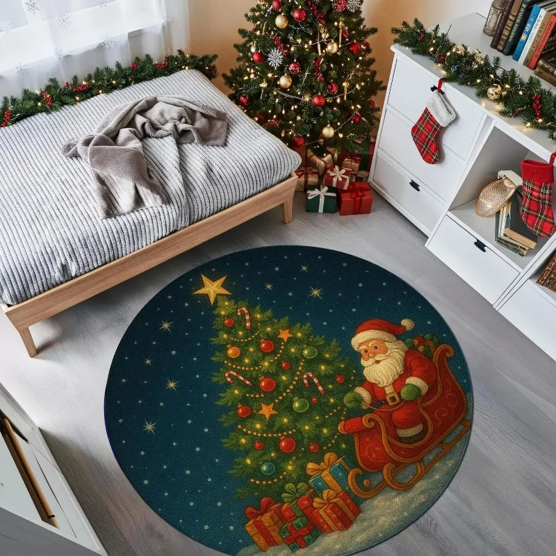 Christmas Round Carpet Santa Slide and Tree Printing Festive Holiday Decorative Rug Floor Mat for Christmas Carpet Under Tree