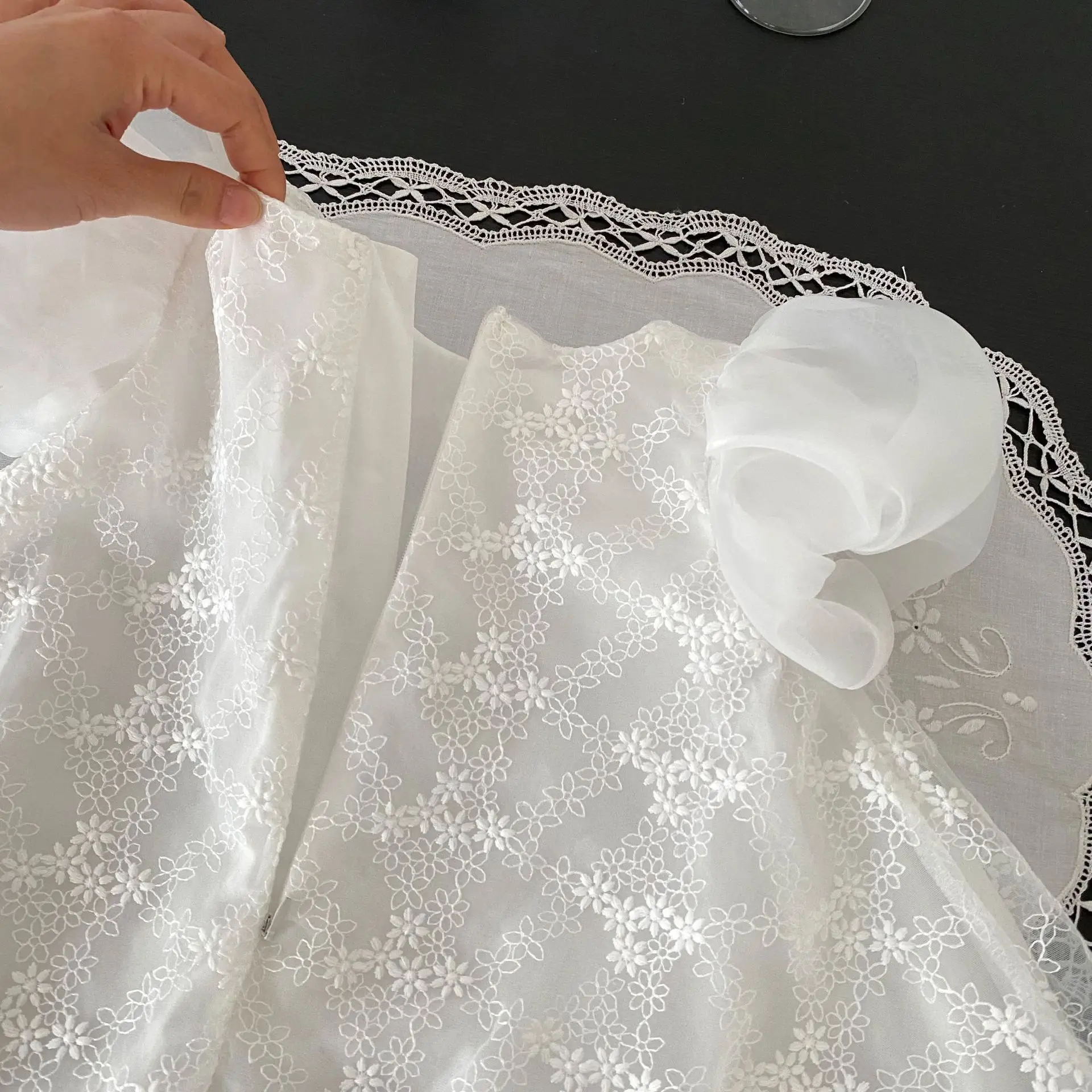 Girls Casual Dresses Summer Girls Round Neck Knee Length Solid Princess Bubble Short Sleeve Cotton Printed Lace