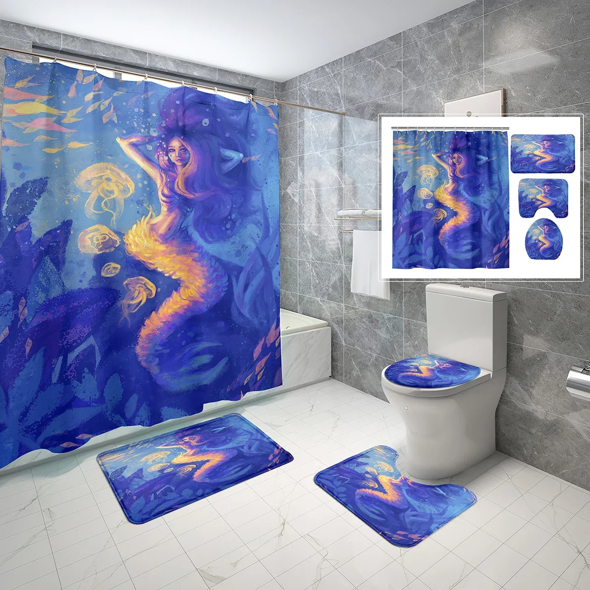 Mermaid Theme Shower Curtain Set Greek Mythology Mermaid 4 Pcs Shower Curtain Bathroom Non-Slip Bath Mat Toilet Cover