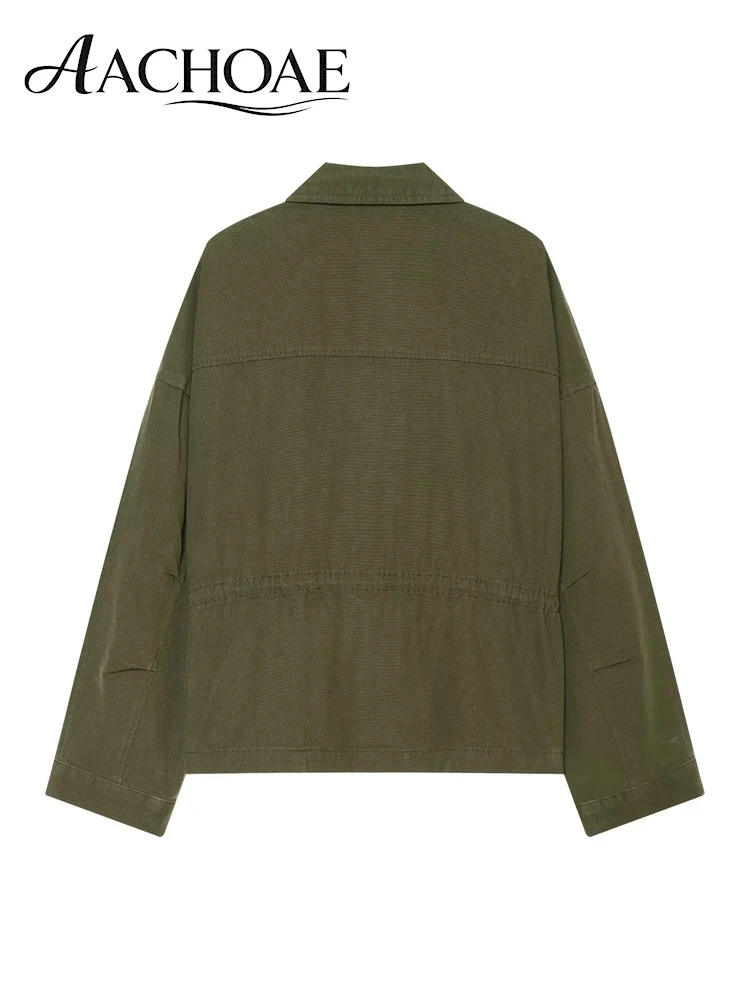 AACHOAE Women Utility Jacket Cinched Waist Zip Up Cargo Coat Turn Down Collar Flap Pocket Loose Long Sleeve Casual Outerwear