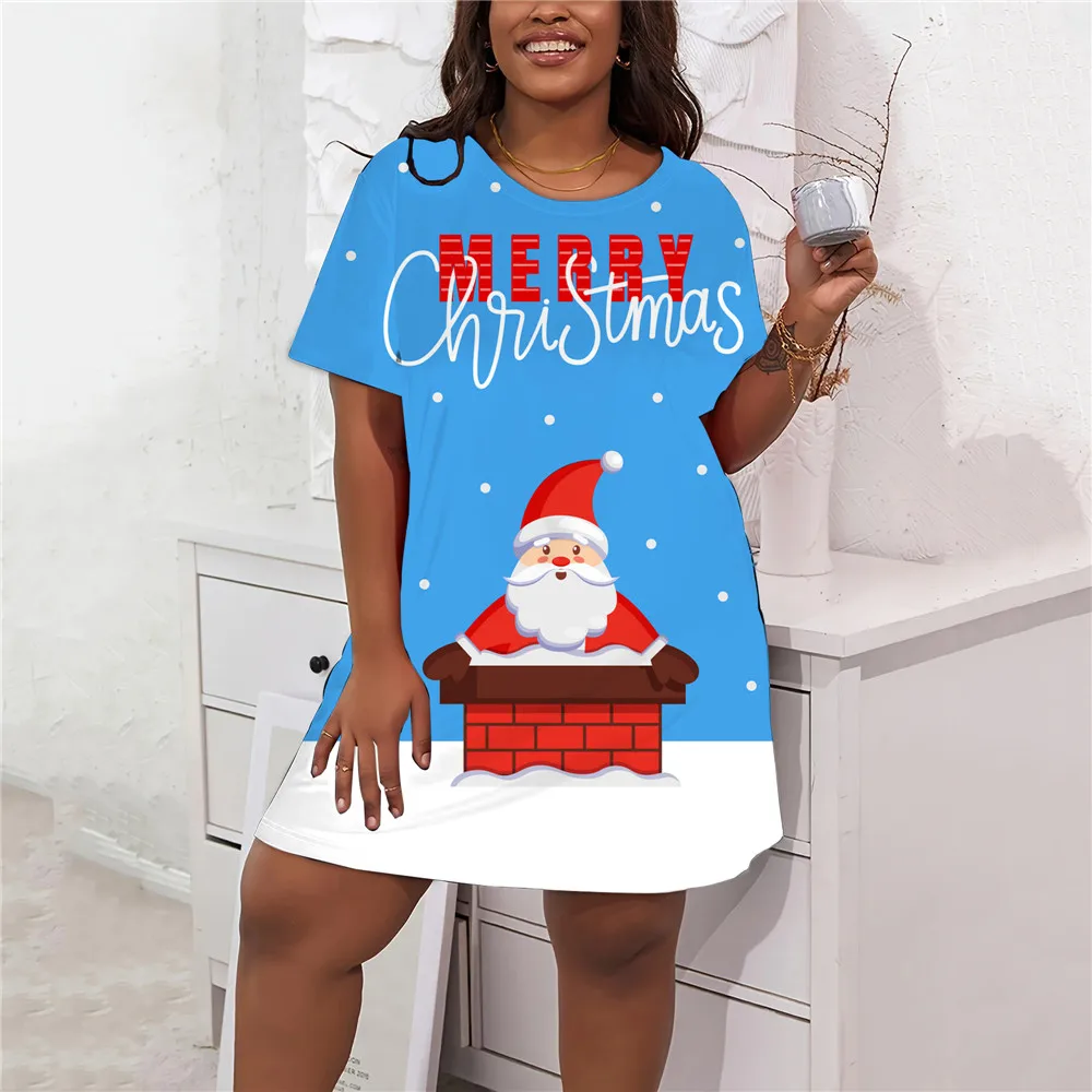 2024 New Women Christmas Dress Cute Cartoon Pattern 3D Printed Short Sleeve Loose Dress Plus Size Casual Oversized Clothing 9XL