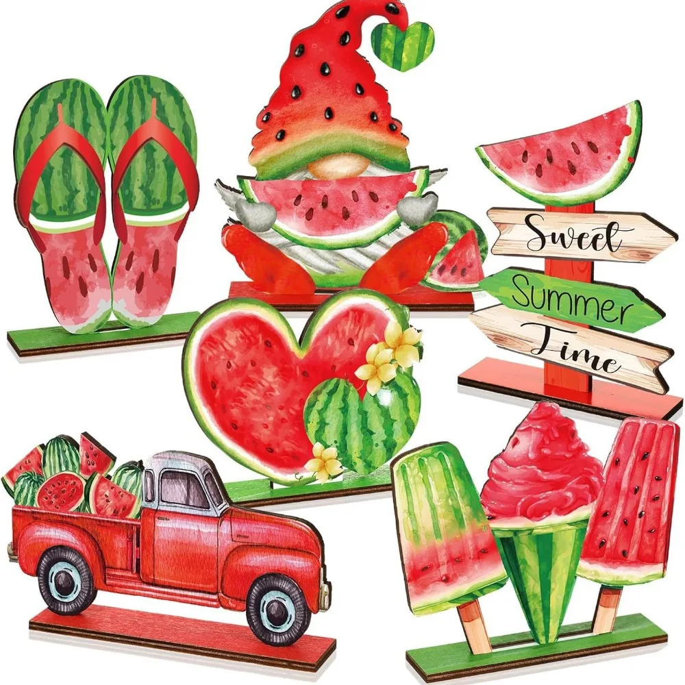 

Red Green Summer Watermelon Ornaments Handmade Unique Wooden Watermelon Sign Funny Dwarf Fruit Desktop Ornaments Bedroom