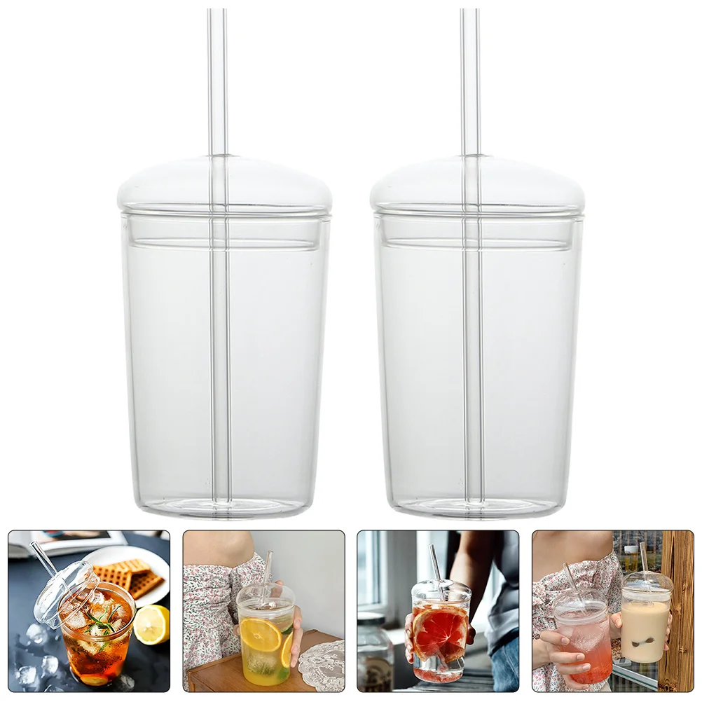 

2Set Glass Cups with Straw Widely Used for Beverages Clear Tumbler Comfortable Handle Portable Design Reusable for Daily Life