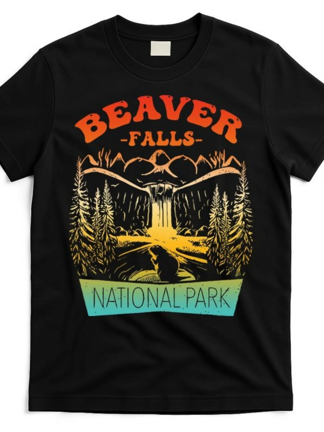 BEAVER FALLS Vintage Graphic Black T-Shirt Bold Orange Text, Cascading Waterfall Forest Design Men's Casual Tee Retro Outdoor