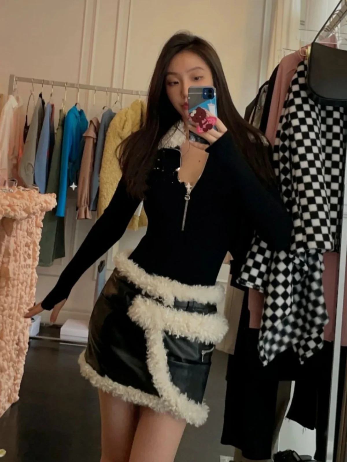 Falda de cuero PU con empalme de piel sintética de American High Street, diseño Sensation, falda acampanada ajustada de cintura alta pequeña ence