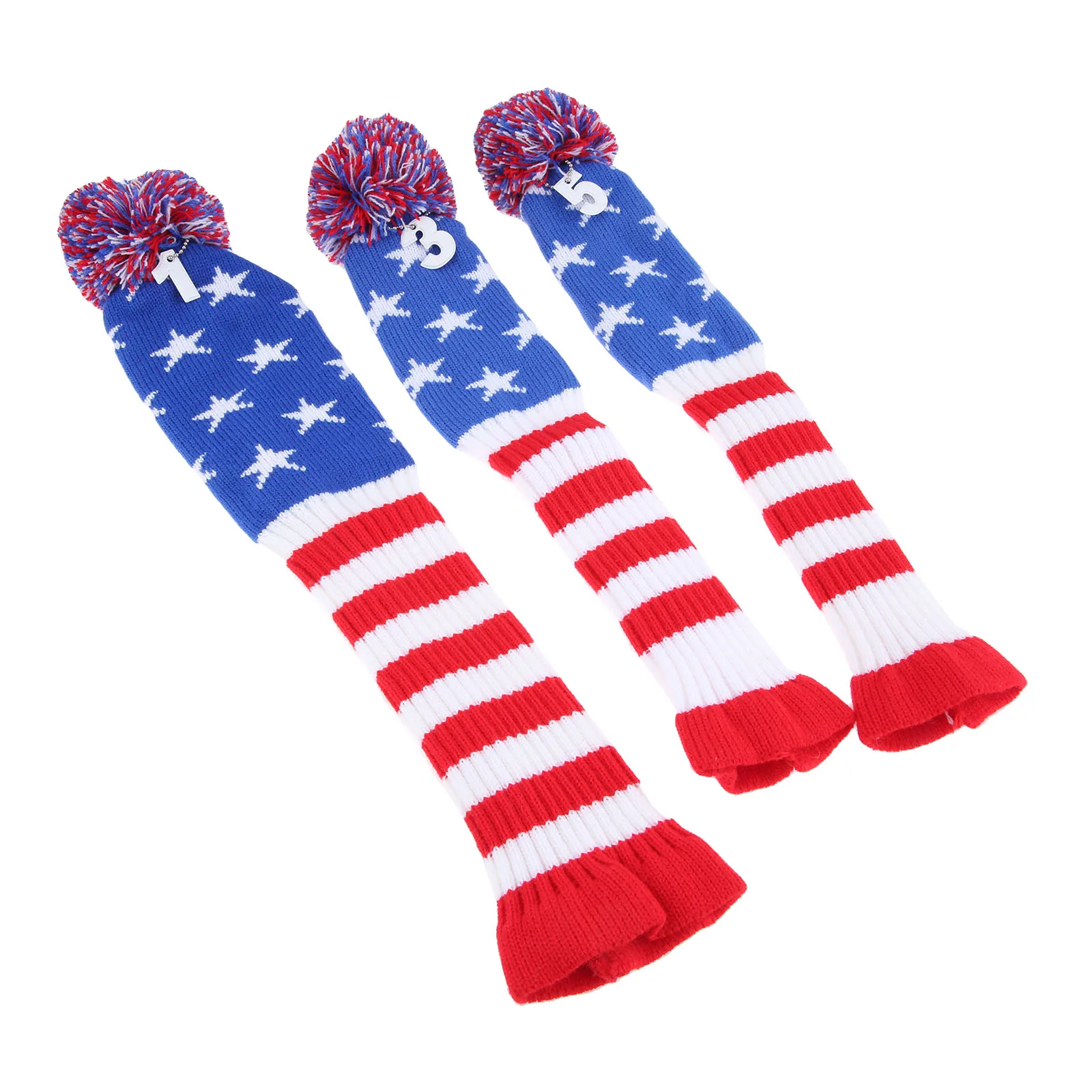 3 Pcs Stars & Stripes Knitted Pom Pom Golf Wood Club Head Covers Protect Set With Number 1,3,5 Long Neck Sock Golf Headcovers