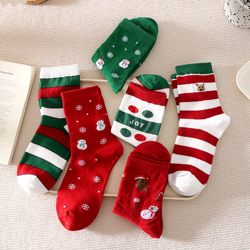 

Women Christmas Socks Autumn Winter Girls Cute New Year Cartoon Tide Striped Green Red Elk Middle Tube Sock Gift Sox