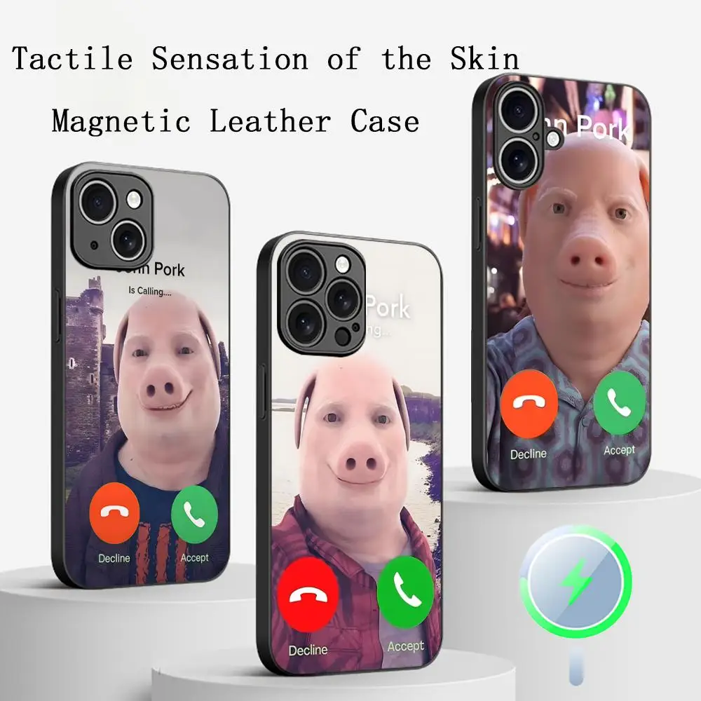 Coque de téléphone John Pork is Calling Answer pour iPhone 17 16 15 14 13 12 11 Plus Pro Max, en cuir de mouton Magsafe de luxe haut de gamme