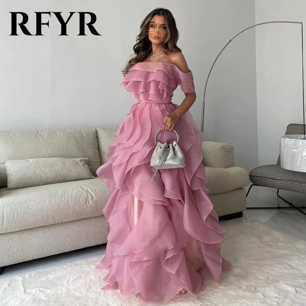 RFYR Pink Prom Dress A-line Tiered Organza Evening Dress Off The Shoulder Short Sleeve Party Dress Floor Length Robe De Soirée