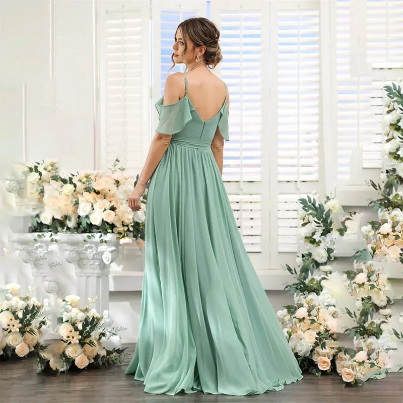 Graceful A-Line Off-The-Shoulder Sleeveless Chiffon Floor Length Women Dresses With Side Slit Formal Party Gowns