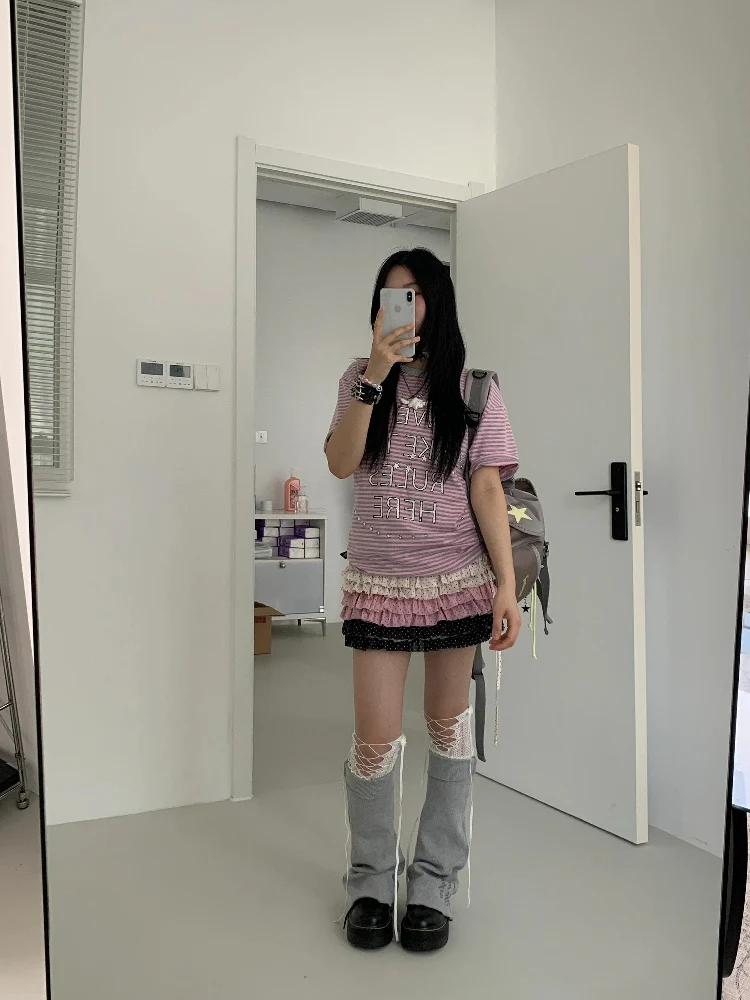 Coréen Sle rétro rayé lettre impression ronde Ne ort Sve T-shirt femmes été léger coton coupe ample pur coton...