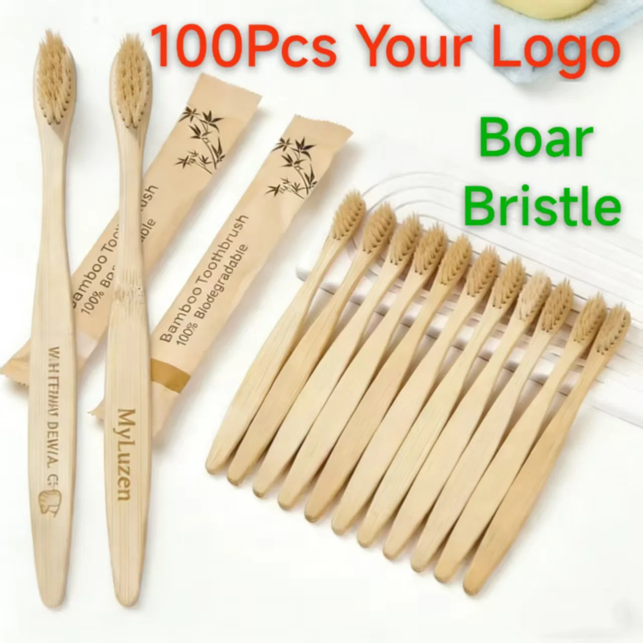 

100Pcs Custom Logo Boar Bristle Bamboo Toothbrush 100% Natural Biodegradable Eco‑Friendly Oral Care Travel,Family,Hotel,Dentistr