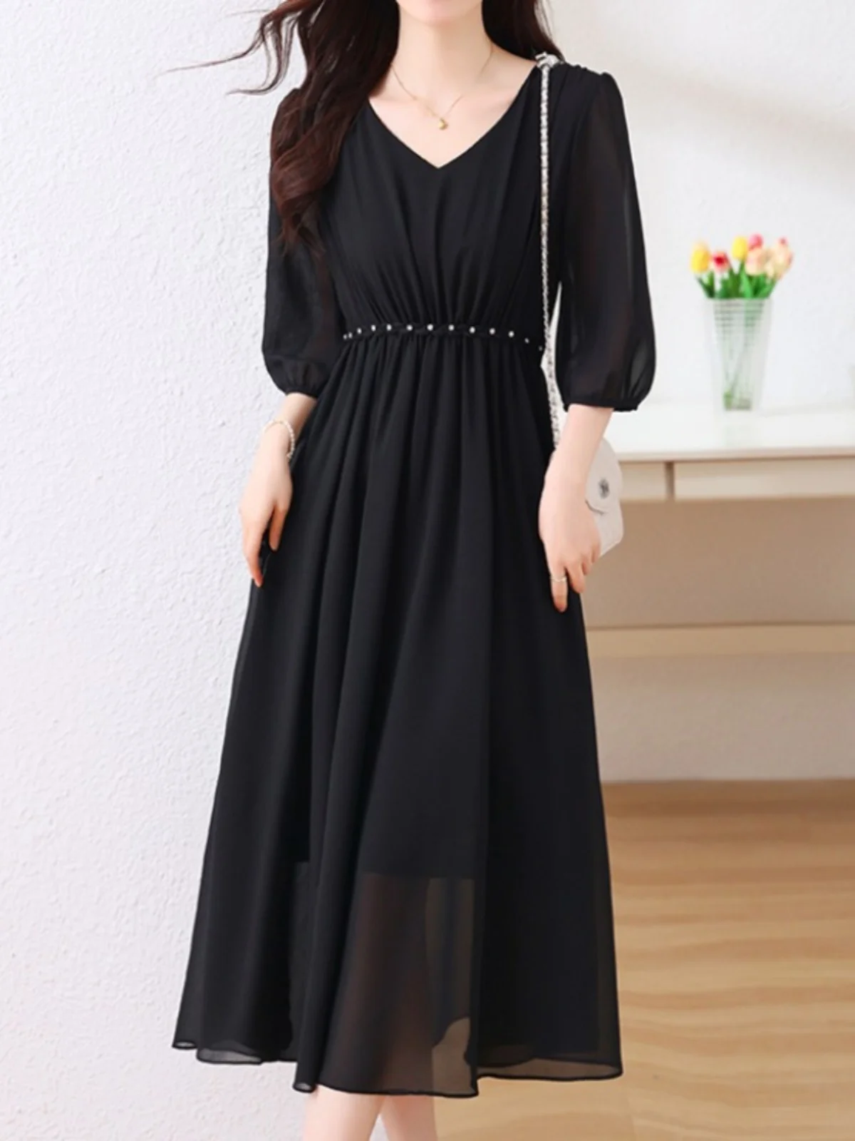 

Summer 2026 Women's plus Size Loose Casual Black Dress Slimming A-Line Chiffon Dress Korean Style Commute Wind High Waist