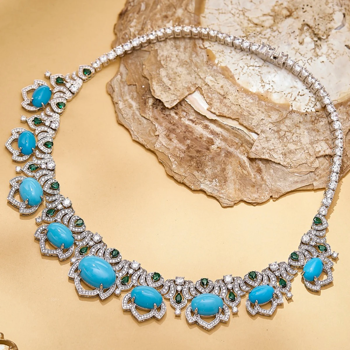 Ayjewelry New Trendy High Craft Blue Turquoise Tennis Necklace Earrings Gold PLated Luxury Designer Jewelry Set For Women Party view 3